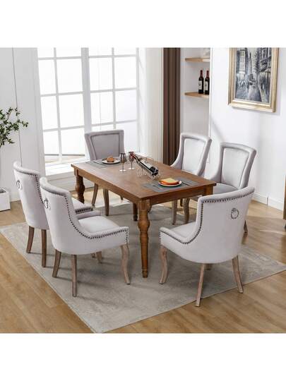 Luxurious Dining Stoel (Kitchen Chair, Living Room Pieces), Upholstered Nailhead Solid Wood Legs, Fluwelen Upholstery, Grijs view 7