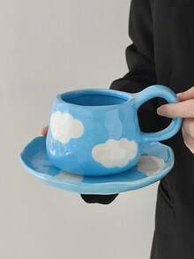 Cabin Kangaroo Ins风格，法式复古风格，手工捏塑手绘，不规则陶瓷咖啡杯碟，手工捏塑痕迹，手绘图案，艺术气息浓厚，高档甜点碟，下午茶，提升格调