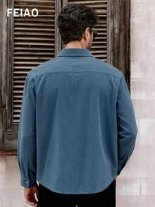 FEIAO 男士复古老钱风细条纹纯色长袖衬衫灯芯绒通勤休闲度假四季休闲百搭款 - 霧霾藍 - 查看 4