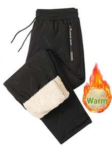 男士保暖内衬宽松户外防风保暖裤，休闲时尚羊羔绒运动裤 - 黑色 - 查看 2