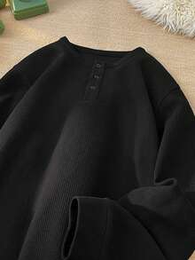 1pc Men's Henley Neck Waffle Knit T-Shirt, Waffle Fabric, Comfortable Casual, Henley Collar, Easy To Wear, Button Detail, Suitable For Daily Wear, Old Money Style - Black - View 4