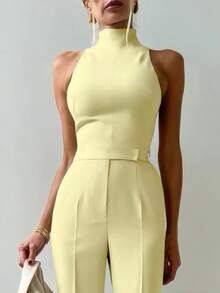 女士纯色浅黄色优雅通勤修身立领无袖上衣，适合音乐节、演唱会、年轻女孩日常穿着、海滩度假、摄影、圣诞节、情人节和其他节日。 - 黃色 - 查看 1