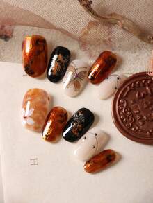 10片装亚克力美甲贴片，黑色、金色、亮棕色可选，蝴蝶花朵图案，短款，包含1张粘性贴片和1个迷你指甲锉。 - 彩色 - 查看 1