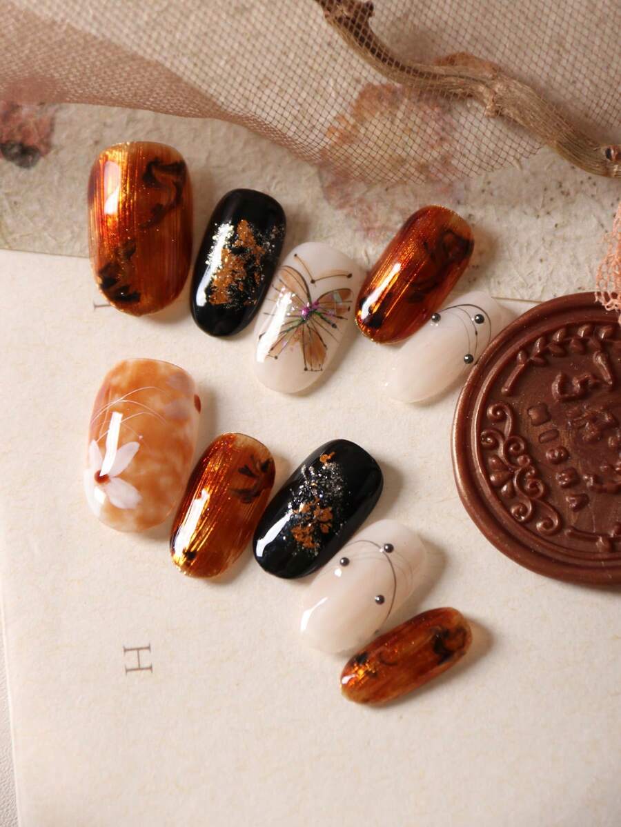 10片装亚克力美甲贴片，黑色、金色、亮棕色可选，蝴蝶花朵图案，短款，包含1张粘性贴片和1个迷你指甲锉。 - 彩色 - 查看 1