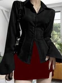 Camisa de mujer de unicolor elegante, blusa de manga larga con lazo, adecuada para todas las estaciones - Negro - Ver 3