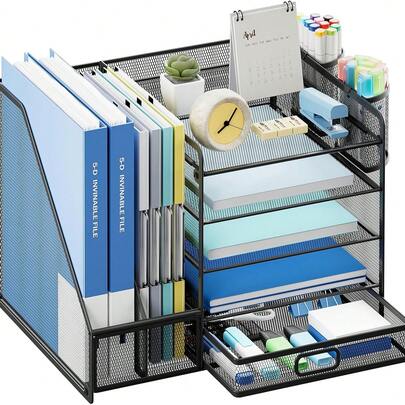 Lavatino Desk Organizer With File Holder, 5-Tier Paper Letter Tray Organizer With Sliding Drawer And 2 Pen Holder, Mesh Desktop File Organizer For Office Supplies (Black)