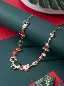 1 件圣诞合金珐琅圣诞树、驯鹿、雪花简约项链，适合女性、日常佩戴和节日礼物 - 金色 - 查看 4