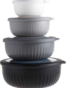 带盖备料碗 - 宽而深的嵌套式塑料小搅拌碗套装，带盖，8 件套