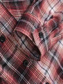 男士时尚宽松胸袋可调节抽绳连帽格子衬衫外套，适合春秋季穿着 - 紅色 - 查看 6