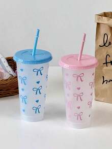 1个/5个/10个装 24盎司粉色和蓝色蝴蝶结塑料杯，带盖和吸管，可重复使用，可爱透明塑料杯，适合生日、婚礼和派对用品，带粉色丝带的可重复使用塑料杯，夏季饮料杯，适合生日、婚礼和派对用品，非常适合派对、饮用、咖啡，也适合母亲节、婚礼、生日、单身派对或作为礼物。 - 彩色 - 查看 6