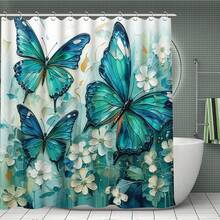 1/4 Set Green & Blue Butterfly Pattern Bathroom Curtain Set, Includes Anti-Slip Rug, White Floral Painting Bohemian Style Bathroom Set, Bath Rug, Bath Mat And Toilet Mat - Multicolor - View 2