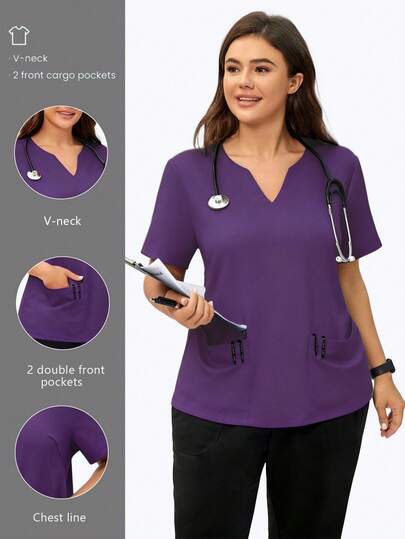 cimmuovere Plus Size Women's Round Neck Cutout Short Sleeve Double Pocket Solid Color Scrubs Nurse Scrubs Workwear Dentist Healthcare Pet Hospital Laboratory Top
