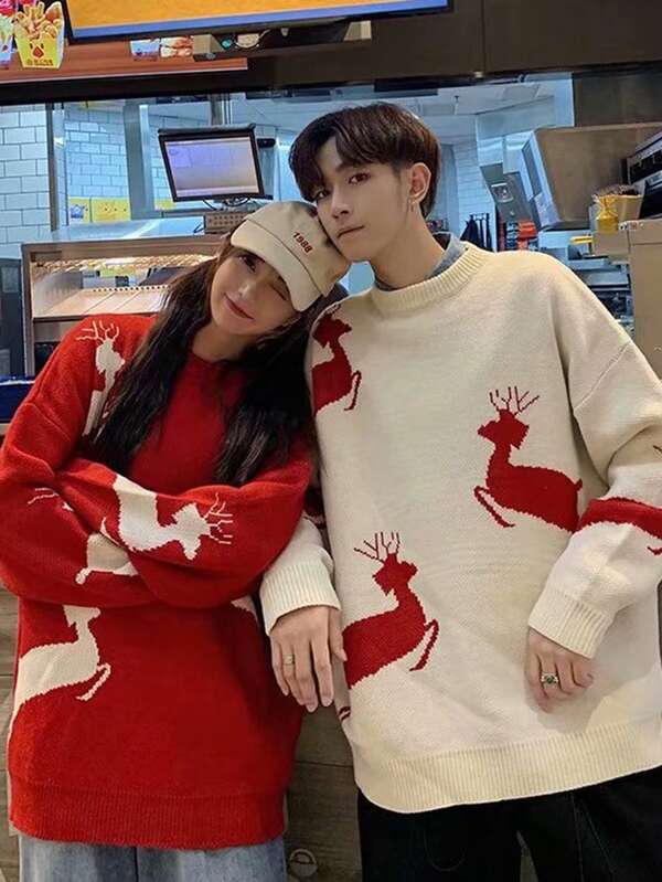 1pc Christmas Reindeer Long Sleeve Sweater, Unisex Loose Fit Crew Neck Knit Pullover, Couple Casual Christmas Base Layer, 3 Color Options
