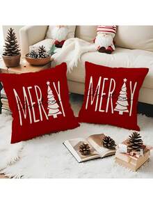 2pcs Christmas Candy Series Polyester Plush Pillow Case, Sofa Cushion Cover - Red - View 3