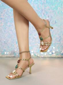 Women's Fashion Elegant Colorful Gemstone Decor Stiletto Heel Roman Sandals, Suitable For Travel, Party, Ball,Spring Summer Outfits - Gold - View 3