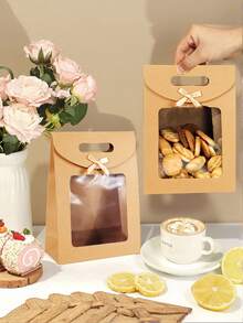 5pcs Bowknot Transparent Window Gift Bags, Extra Small/Small/Medium/Large Size, Brown Color, Suitable For Birthday Party, Christmas, Mystery Box