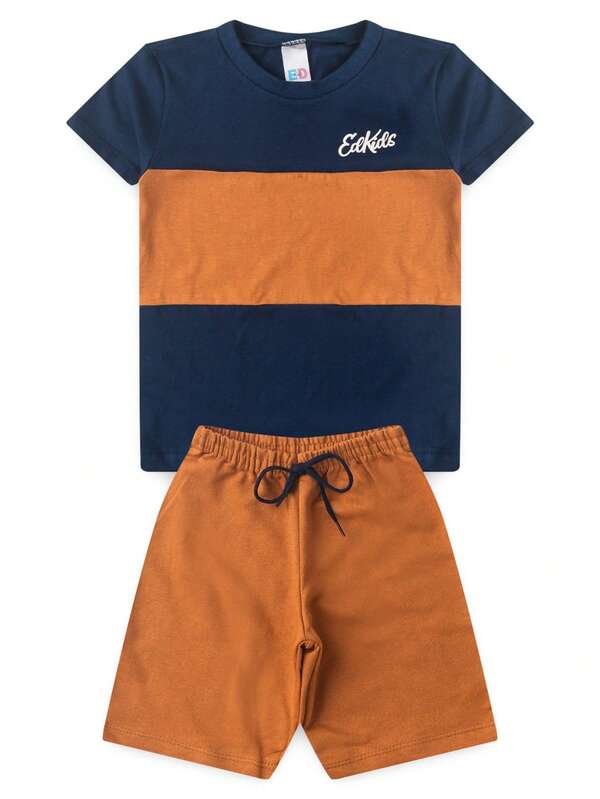 Conjunto Infantil Verão Masculino ED KIDS Recortes Marinho - Marinho e Caramelo