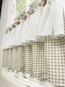 1pc Farmhouse Style Double Layer Cafe Curtain Valance - Brown Lattice Pattern, White Sheer Lace Trim, Retro Button Decor, All Seasons, Linen Fabric, Princess Style Short Curtain Tier For Living Room Kitchen Bathroom Window Decor - Red and White - View 7