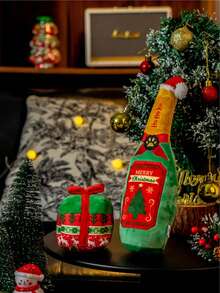 Beautiful Girl-1 1 Piece Of Polyester Fabric Christmas Pet Toy With Sound, Printed Composite Fabric Christmas Gift Box Toy, Embroidered Christmas Hat Imitation Wine Bottle Toy, Small And Medium-Sized Dog And Cat Interactive Toy, Christmas Toy, Christmas Gift