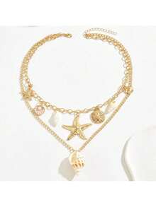 1pc Ocean Style Fish Tail Faux Pearl Tassel Necklace With Beach Starfish Shell Pendant