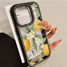 3-in-1 Double-Sided Phone Case with Lemon Flower and Rhinestones, Suitable for Series 16 Pro Max, 16, 15 Pro, 14, 14 Plus/14 Pro Max, 13, 13 Pro, 12 Pro, 11 Pro Promax.Non-slip and stain-resistant soft case suitable for men and women with diamond decorati