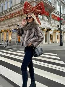 女式仿皮草优雅休闲夹克，秋冬 - 淺灰色 - 查看 3