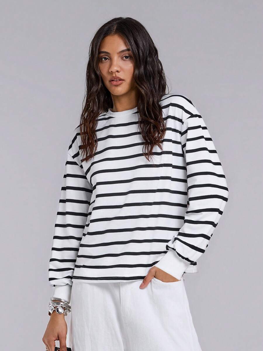 TypaGal 秋冬季现代野性时尚新年派对复古优雅性感街头简约春季白色条纹印花落肩卫衣毕业季、返校季、毕业典礼、教师节女装、秋冬季返校季 - 黑與白 - 查看 1