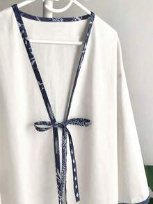 Áo sơ mi nữ thời trang thường ngày phối màu tương phản, viền thắt nút, màu trắng, mùa xuân - trắng - Xem 3