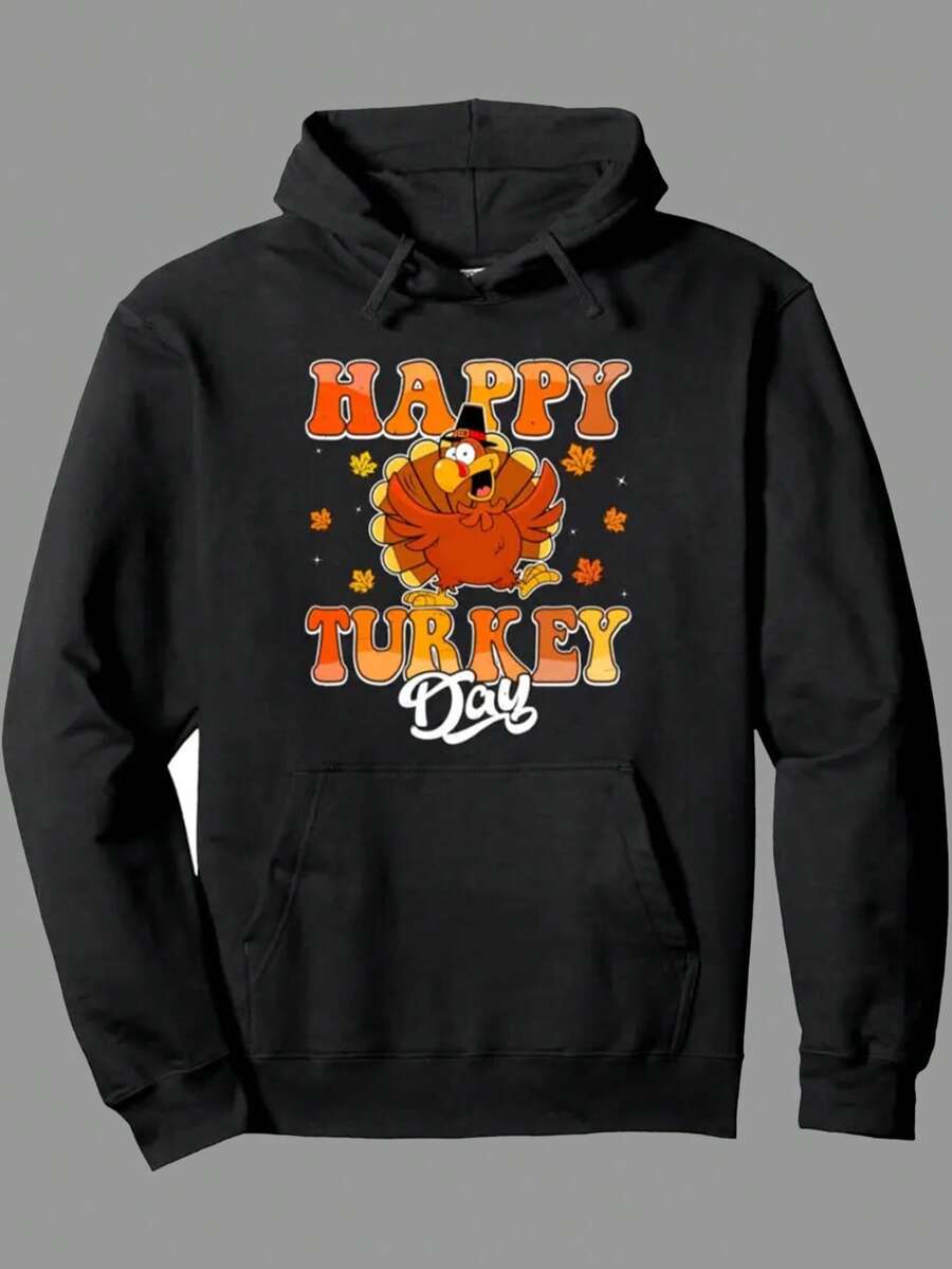 Men'S Happy Turkey Day Thanksgiving Hooded Sweatshirt - Turkey & Autumn Leaves Print Pullover Hoodie With Happy Thanksgiving Lettering, Casual Fall Family Dinner Party Outfit, Comfortable Hooded Sweater For Men, Warm Turkey-Themed Apparel For Holida,Fall Hoodies,Men's Fall Clothes,Street Wear,Halloween,Mens Hoodies,Y2k Clothes,Jesus Hoodie,Thanksgiving Day,Nightmare Before Christmas,Christmas - 黑色 - 查看 1