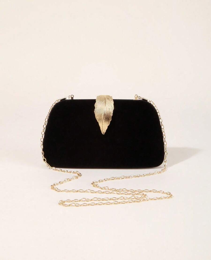 Women's Vintage Black Suede Clutch Bag, Gold Leaf Accent Evening Bag, Elegant Chain Crossbody Purse, Formal Party/Wedding/Prom Accessory, Niche Design, Multi-Way Carrying, Fashionable & Luxurious, Must-Have Evening Essential For Fashionistas - 黑色 - 查看 1