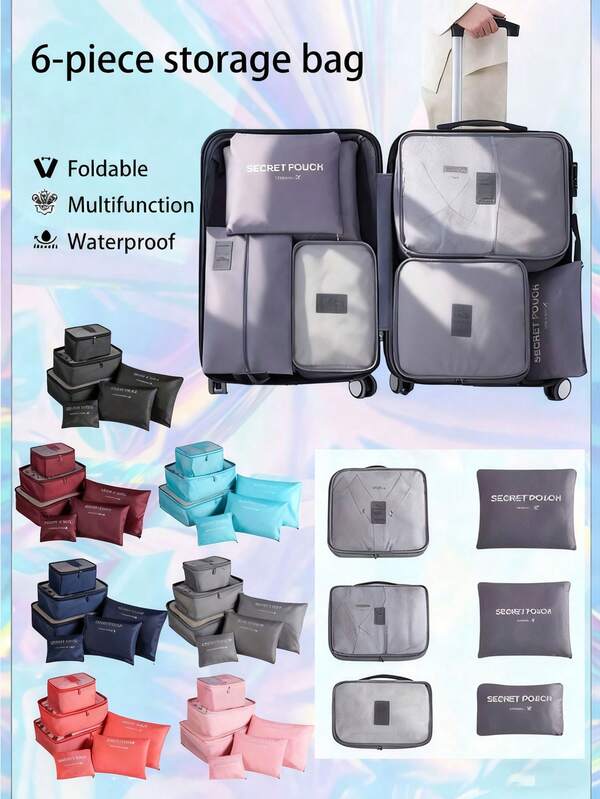 Conjunto de 6 organizadores de bagagem para viagem, com grande capacidade, incluindo 3 organizadores de roupas e 3 nécessaires multifuncionais. Disponíveis em diversas cores. Portáteis, impermeáveis e resistentes à poeira, ideais para organizar roupas, sapatos, roupas íntimas, cosméticos e eletrônicos em viagens, férias, viagens a negócios e para uso doméstico.