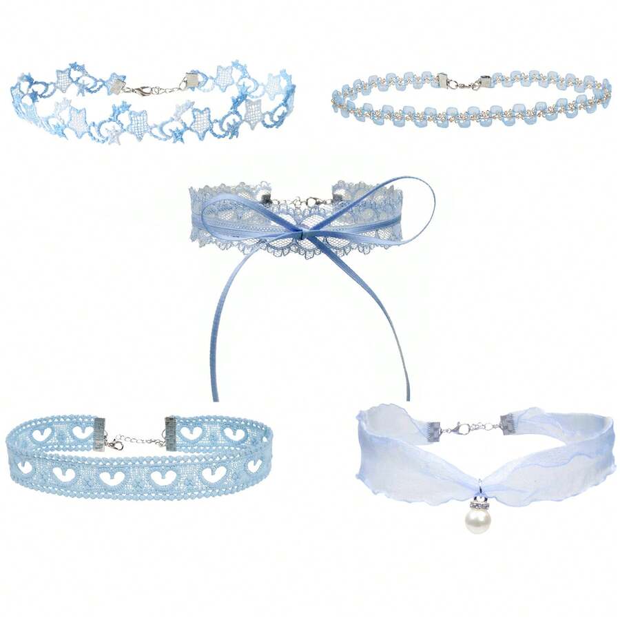 1/4/5/6pcs Handmade Lolita Accessories Women's Neckband Bowknot Blue Heart Pendant Choker Collarbone Chain Butterfly Necklace Suitable For Comic Exhibition Activities Necklace - Sợi len sóng xanh số 3 - Xem 1