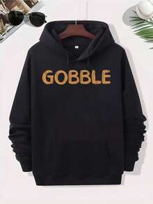 Men's & Women's Retro Turkey Gobble Print Sweater Hoodie - Unisex Couple Matching Pullover With Bold Turkey Lettering, All-Season Comfort, Machine Washable, Thanksgiving & Christmas Party Apparel (Black With Golden Lettering) - Funny Turkey-Themed Sweater For Men & Women, Cozy Hooded Pullover With Front Pocket, Retro Style, No Belt, Regular Fit, Suitable For Casual Wear & Gatherings,Fall Hoodies,Men's Fall Clothes,Street Wear,Halloween,Mens Hoodies,Y2k Clothes,Jesus Hoodie,Thanksgiving Day,Nightmare Before Christmas,Christmas - 黑色 - 查看 1