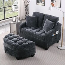 YOGLAD Modern Chaise Lounge Sofa Chair Indoor With Storage Ottoman, 2 Seater Sofa With Chaise Lounge, Irregular Armrest Loveseat Couch With Checkered Cushions And 2 Throw Pillows, Comfortable Fabric Upholstered Small Sofa For Living Room Bedroom Apartment, Easy Assembly - màu đen - Xem 8