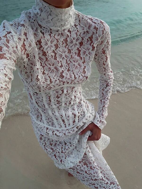 Modisch, sexy, elegant Maxi langes Kleid mit hohem Kragen und langen Ärmeln, körperbetonter Schnitt, Herbst und Winter, Spitze, durchsichtig, Schlitz, Schwarz, Hochzeit, Abend, Cocktail Party Kleid für Damen Bekleidung