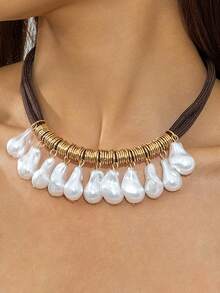 imoli 1pc Minimalist Polyester Cord Necklace With Metal Wrapped Pendant & Faux Pearl, Creative Niche Design Jewelry Pendant Necklace, Suitable For Party, Gathering, Gift