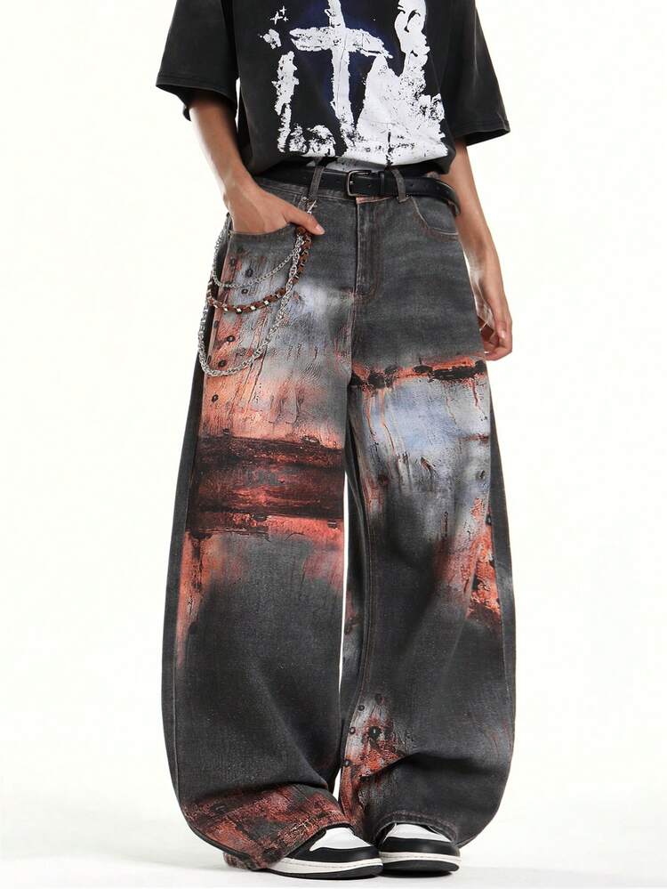 1 Peça Calça Jeans Bege Masculina Personalizada da Marca de Nicho Justice Brother, Calça Larga e Solta de Estilo Casual (Cinto e Acessórios Não Incluídos) - Marrom - Visão 3