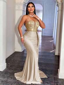 CHOSMO Elegant Sequin Patchwork High Slit Spaghetti Strap Party Dress Wedding Spring - Rose Gold - View 9