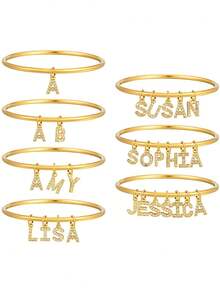 1 pièce Bracelet personnalisé minimaliste avec lettre en strass, en acier inoxydable, design fermé, bracelet de couple, cadeau pour elle (Taille : 6,3 cm/2,48 pouces, avec boîte cadeau) - Multicolore - Voir 4