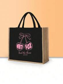 1/2pcs Ladies' Cherry Printed Handbag - Large Capacity Durable Linen Shoulder Backpack With Fixed Belt Design, Suitable For Shopping, Travel,Daily Use, Sturdy Structure,Durable Fabric, Printed, Machine Washable, Suitable For Work, School, Shopping, Birthdays, And Holiday Gifts, Women's Fashionable Handbag,Linen Tote Bag, Lightweight And Multifunctional, Suitable For Work, School Or Daily Use