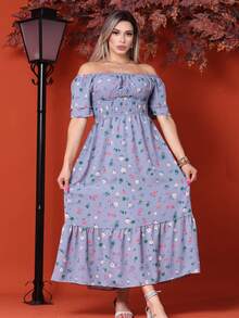 Women's Long Midi  Dress With Puffed Princess Sleeves, Elasticated Elastic, Floral Print - 灰色的花 - 查看 1