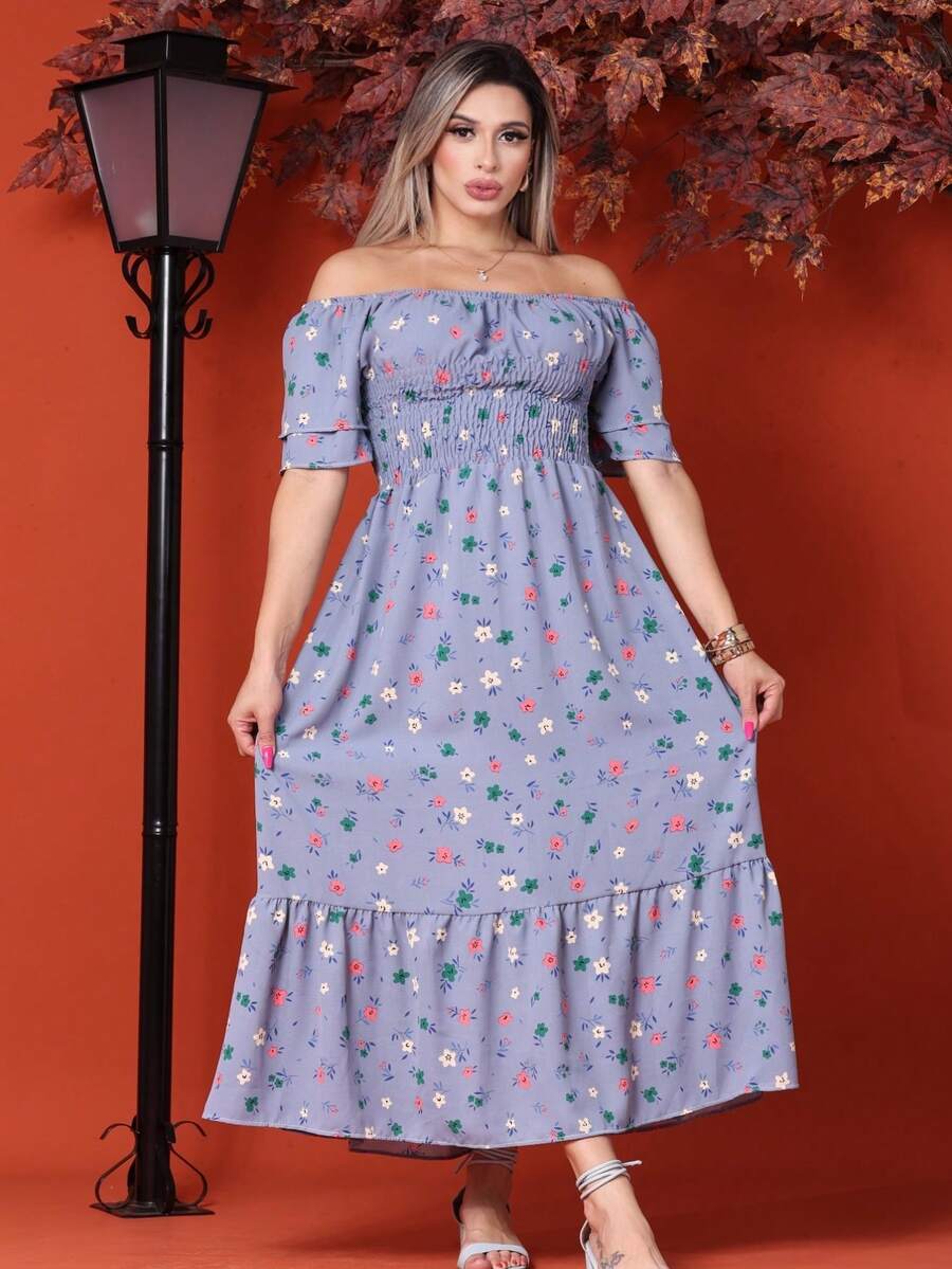 Women's Long Midi  Dress With Puffed Princess Sleeves, Elasticated Elastic, Floral Print - 灰色的花 - 查看 1