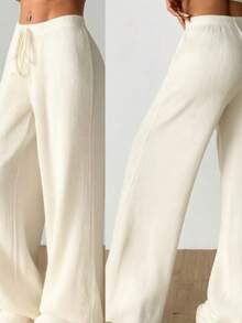 Women's Wide Leg Pants, Textured Fabric, High Waist, Simple With Pocket And Drawstring For Home And Daily Life - 奶油色 - 查看 3