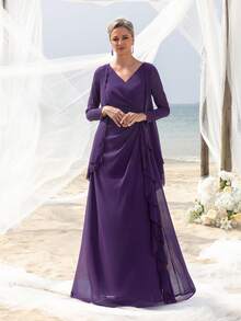 Mother Three-Quarter Sleeve Cardigan-Style 2 In 1 V-Neck Floor-Length Party Gown – Chiffon Ruffled Hem, Form-Fitting Silhouette For Beach Weddings & Upscale Outdoor Events - Purple - View 4
