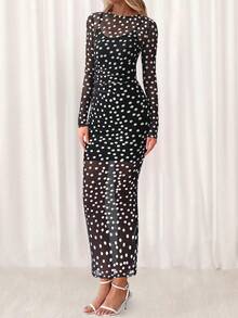 Women 2 Piece Dress Set See-Through Mesh Long Sleeve Polka Dot Sexy Bodycon Maxi Dress And Inner Spaghetti Strap Slip Dress Spring Fall Autumn Party Club Cocktail Wedding Valentine Long Dress Outfits - 大圓點黑色 - 查看 3