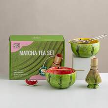 Cabin Kangaroo 1 Set Hand-Painted Watermelon Matcha Bowl Tea-Making Tool Set, Ceramic Chasen, Matcha Whisking Tools, Salad Bowl With Spout, Combined Set Of Tea-Making And Salad Utensils, Matcha Foam, Unique Salad Bowl, Exquisitely Designed Salad Bowl, Unique Tea-Making Set, High-Quality Ceramic Chasen
