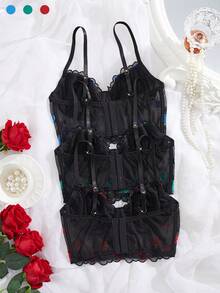 3 Pieces Set, Rose Embroidered Bra, Comfortable And Close-Fitting Bra That Can Be Worn As An Outerwear,Sexy Lingerie - Multicolor - View 2