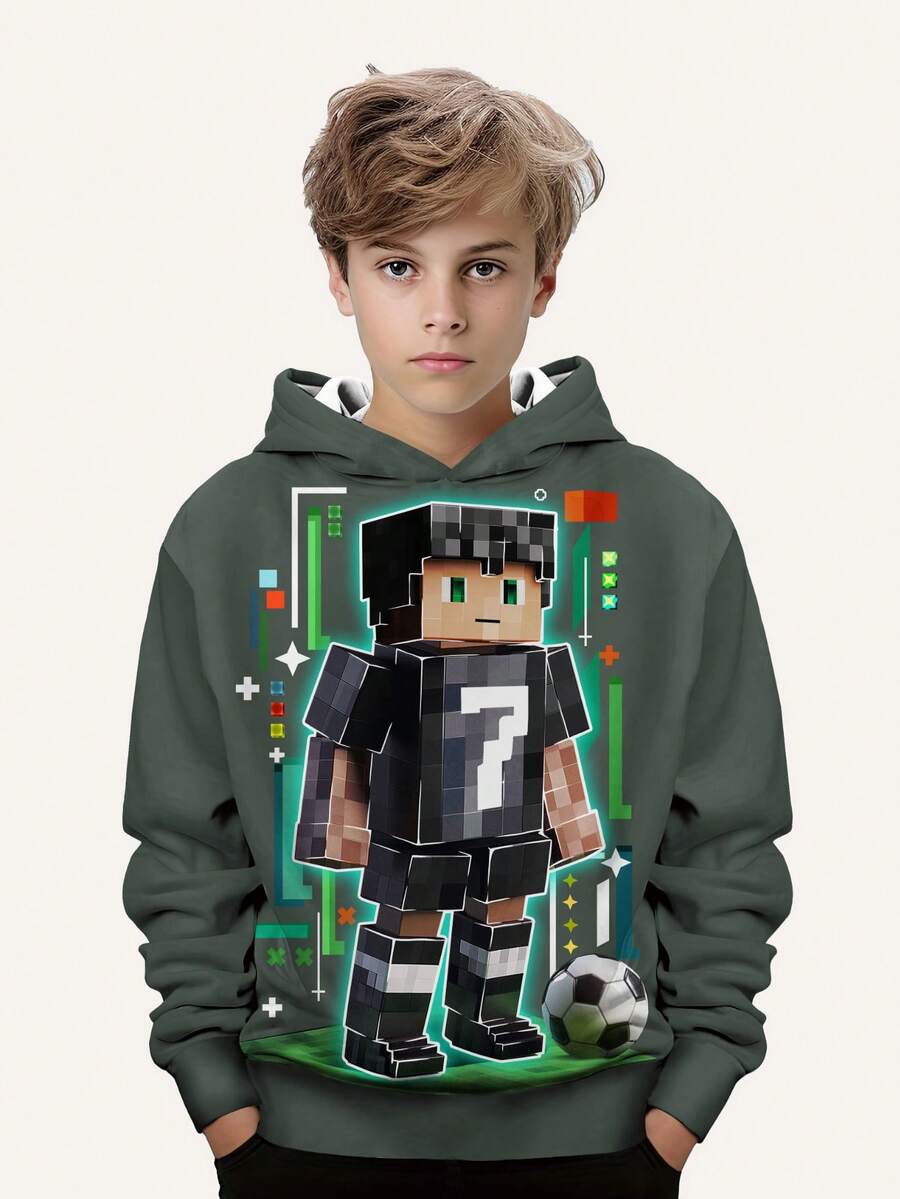 青少年男童时尚印花套头卫衣 - 长袖圆领卫衣，适合春秋季穿着，像素风 #7 酷炫印花 - 軍綠色 - 查看 1