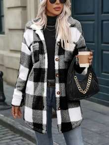 Plus Size Women's Black & White Plaid Single-Breasted Pocket Fuzzy Jacket