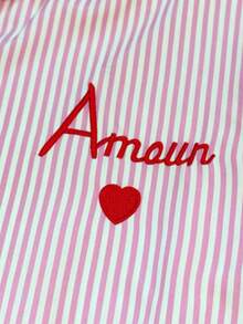 Casual Striped Letter Embroidered Heart Front Button Long Sleeve Shirt, Autumn